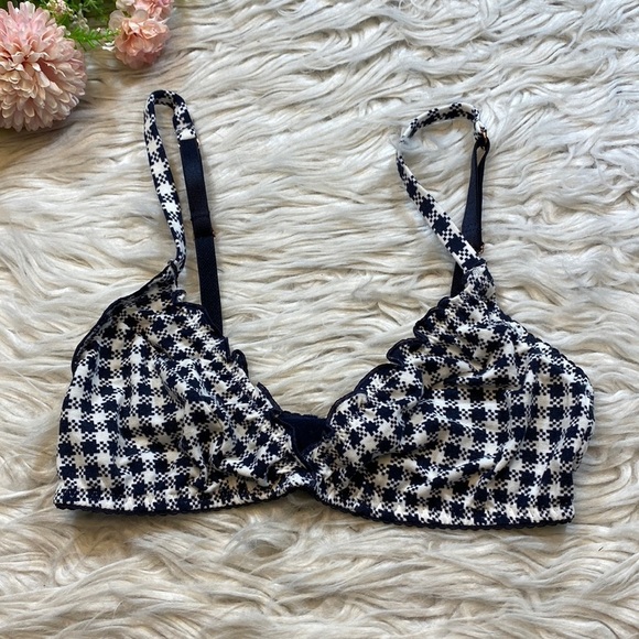 Eberjey Navy Gingham Patterned Ruffle Bra sz XS - Picture 1 of 8